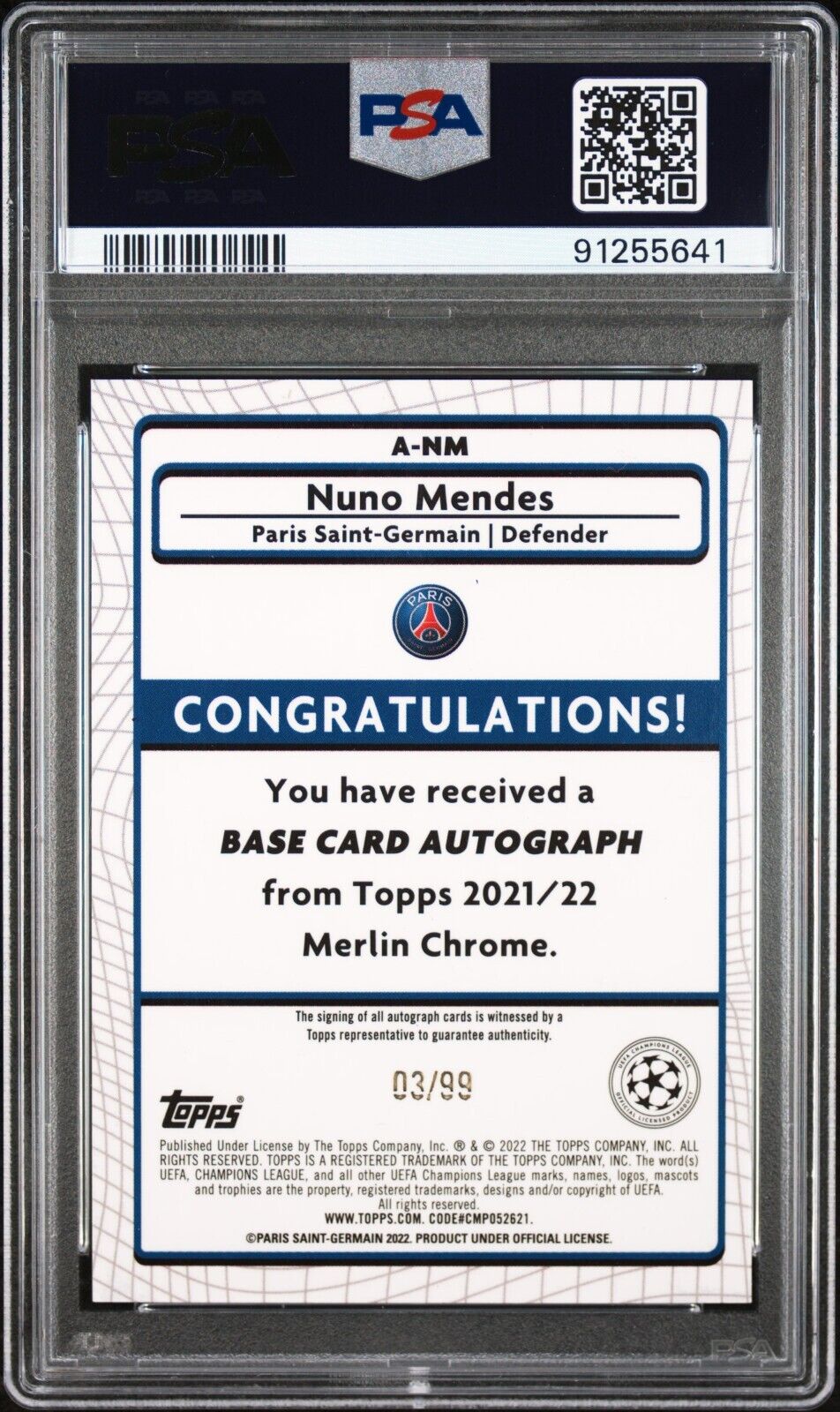 2021-22 TOPPS MERLIN CHROME UEFA AUTOGRAPH NUNO MENDES MOJO REFRACTOR PSA 8 /99