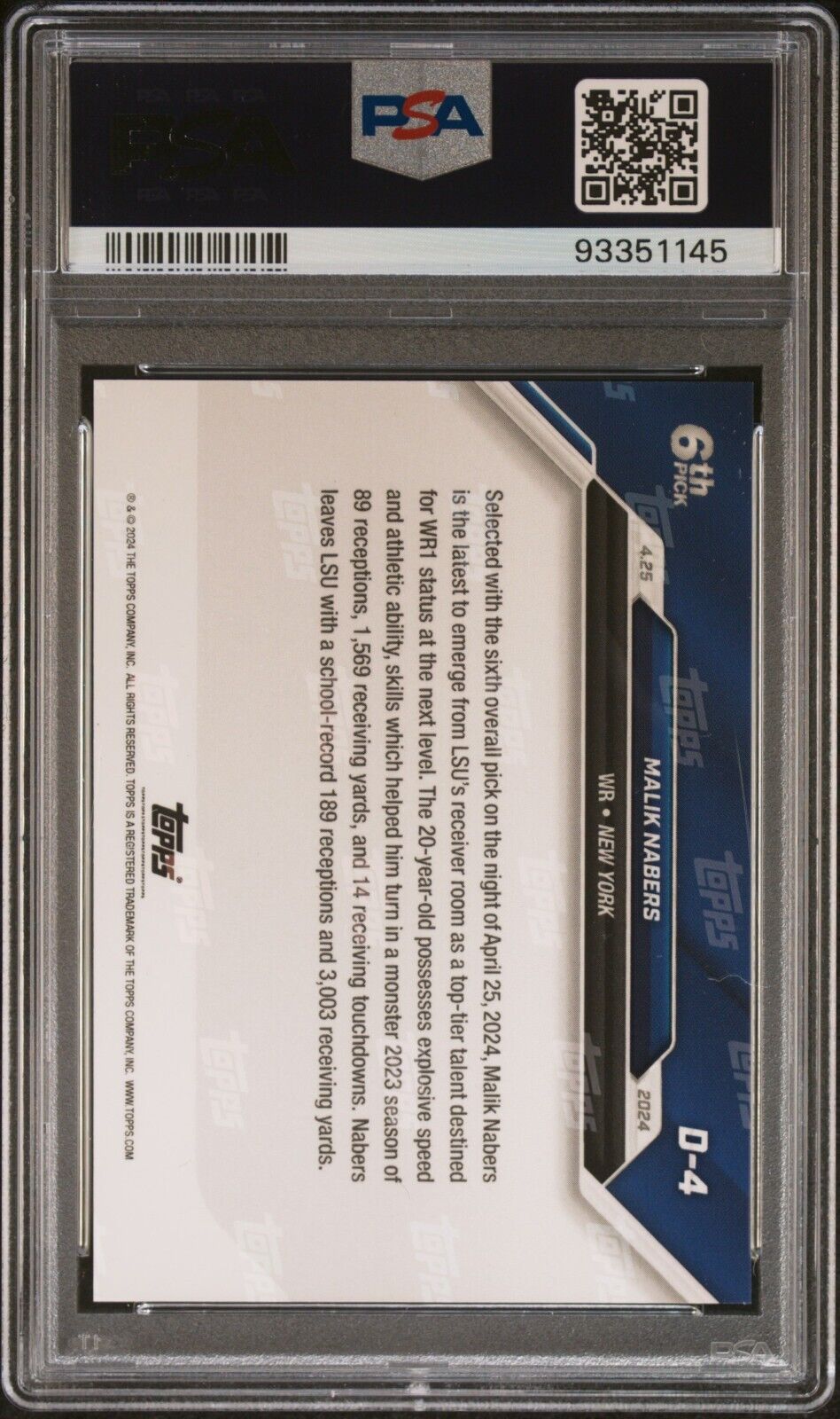 2024 TOPPS NOW D4 MALIK NABERS BLUE PSA 10 /49