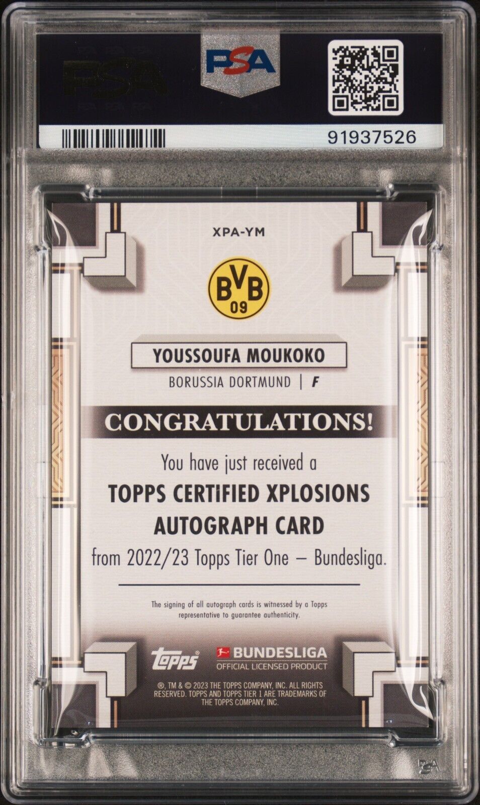 2022-23 TOPPS TIER ONE BUNDESLIGA AUTOGRAPHS YOUSSOUFA MOUKOKO PSA 9 /120