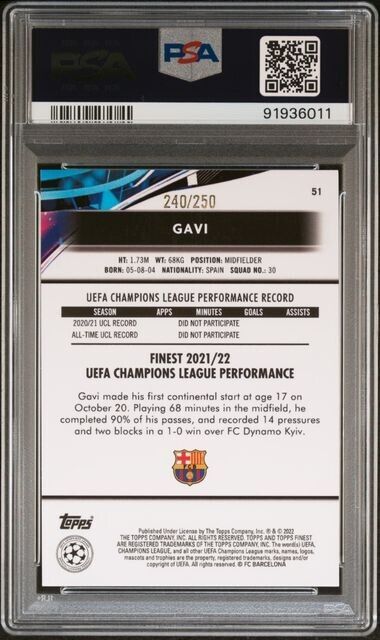 2021-2022 TOPPS FINEST UEFA GAVI 51 YELLOW PRISM REFRACTOR PSA 51 /250