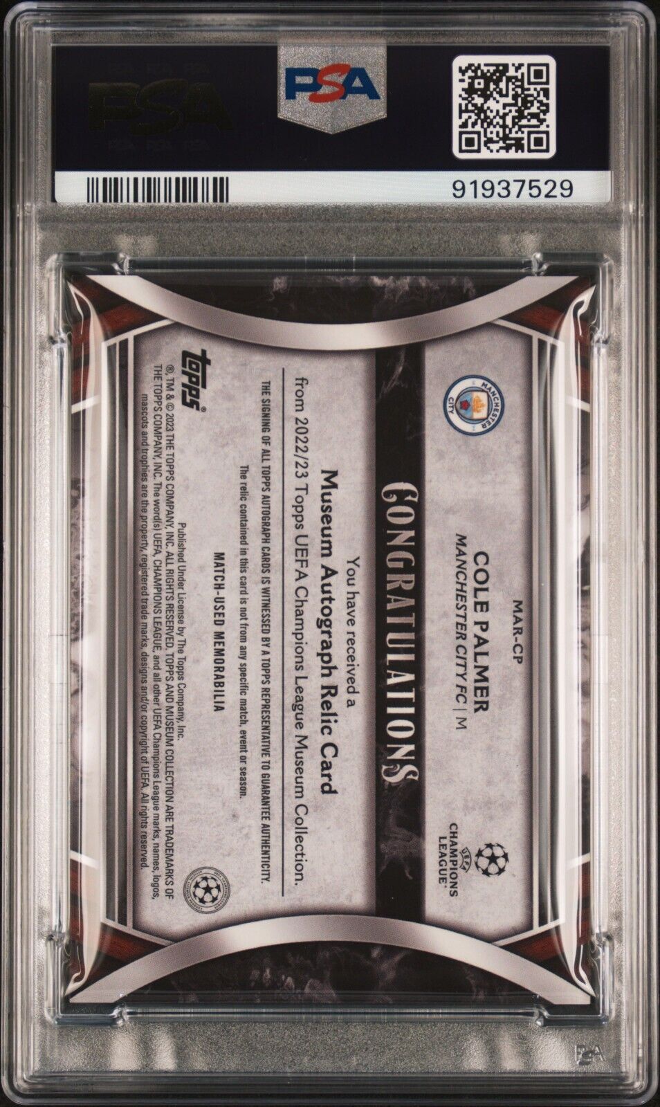 2022-23 TOPPS UEFA AUTOGRAPH RELICS COLE PALMER MUSEUM AUTO RELIC PSA 9 /299