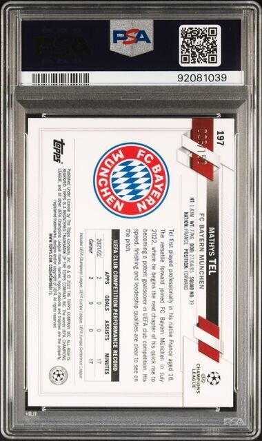 2022-23 TOPPS CHROME UEFA MATHYS TEL 197 BLUE REFRACTOR PSA 9 /150