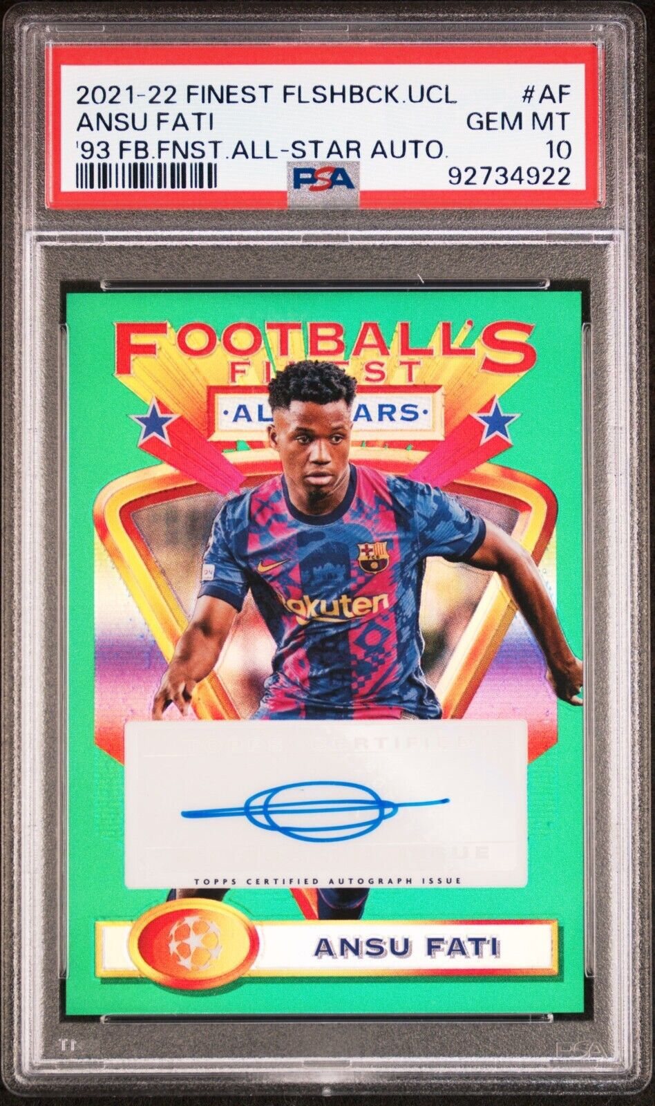 2021-22  TOPPS FINEST UEFA 1993 ALL-STAR AUTOGRAPHS ANSU FATI PSA 10 /75