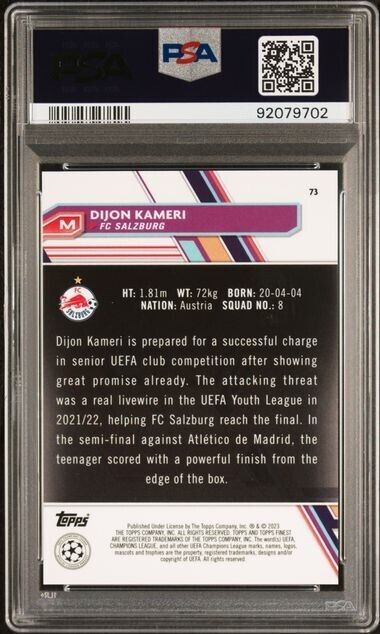 2022-23 TOPPS FINEST UEFA DIJON KAMERI 73 GREEN SPECKLE REFRACTOR PSA 10 /125