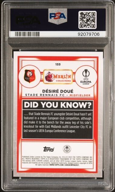 2022-23 TOPPS MERLIN CHROME UEFA DESIRE DOUE 133 AQUA REFRACTOR PSA 10 /199