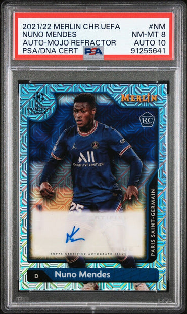 2021-22 TOPPS MERLIN CHROME UEFA AUTOGRAPH NUNO MENDES MOJO REFRACTOR PSA 8 /99