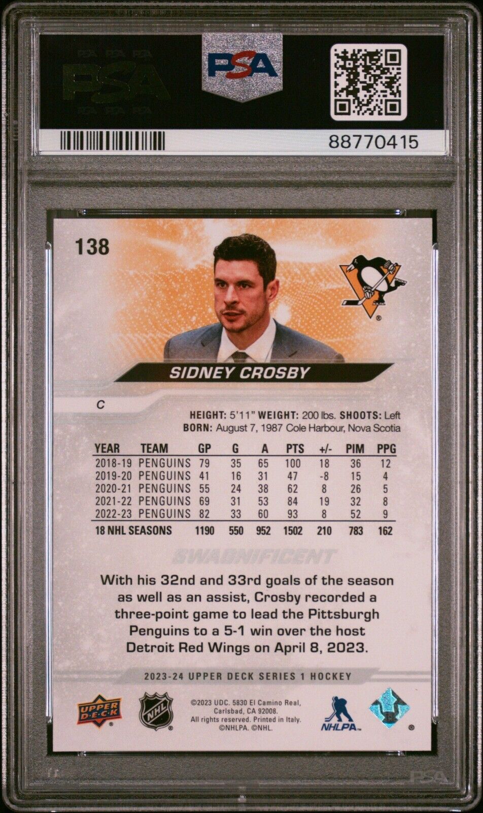 2023 UPPER DECK HOCKEY 138 SIDNEY CROSBY SWAGNIFICENT