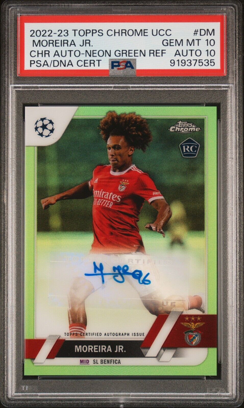 2022-23 TOPPS CHROME UEFA CHROME AUTOGRAPHS MOREIRA JR. NEONGREEN REF PSA 10 /99