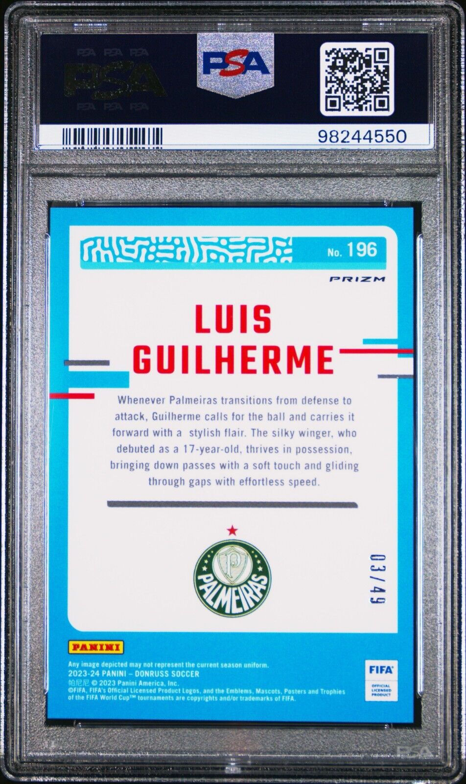 2023-24 PANINI DONRUSS FIFA 196 LUIS GUILHERME OPTIC-TEAL MOJO GEM MINT 10 /49