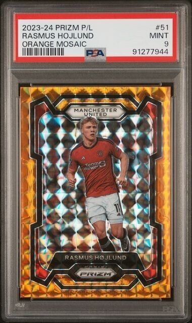 2023-24 PANINI PRIZM PREMIER LEAGUE RASMUS HOJLUND 51 ORANGE MOSAIC PSA 9