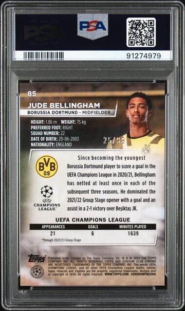 2022-23 TOPPS STADIUM CLUB CHROME UEFA JUDE BELLINGHAM 85 GREEN RFRCTR PSA 9 /99