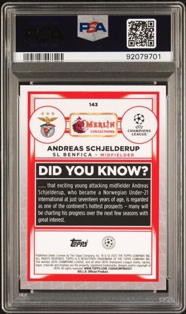 2022-23 TOPPS MERLIN CHROME UEFA ANDREAS SCHJELDERUP 143 PINK MOJO PSA 9 /275