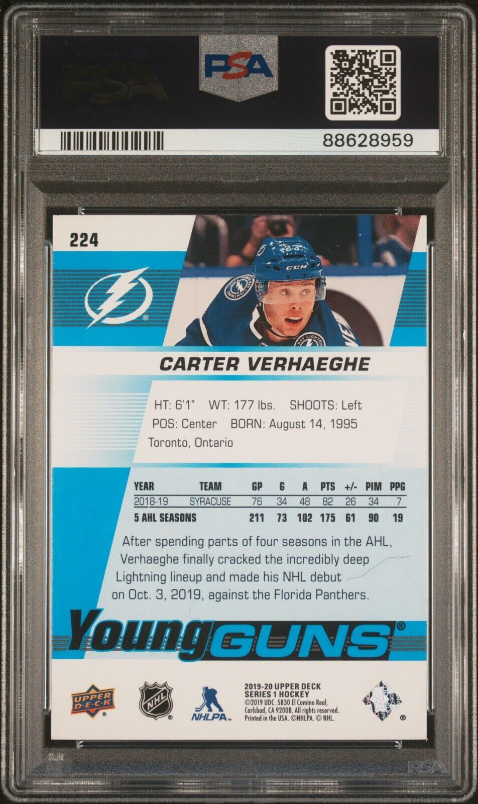 2019 UPPER DECK HOCKEY 224 CARTER VERHAEGHE YOUNG GUNS PSA 9