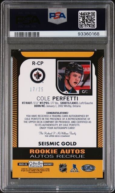 2021 UPPER DECK O-PEE-CHEE PLATINUM ROOKIE AUTOGRAPH Cole Perfetti /25 Mint 9