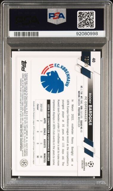 2022-23 TOPPS CHROME SAPPHIRE EDITION UEFA ROONY BARDGHJI 40 YELLOW PSA 10 /50