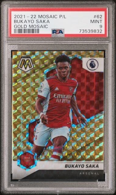 2021 PANINI MOSAIC PREMIER LEAGUE BUKAYO SAKA 62 GOLD MOSAIC PSA 9 /10