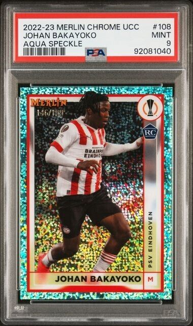 2022-23 TOPPS MERLIN CHRME UEFA JOHAN BAKAYOKO 108 AQUA SPCKLE RFRCTR PSA 9 /199