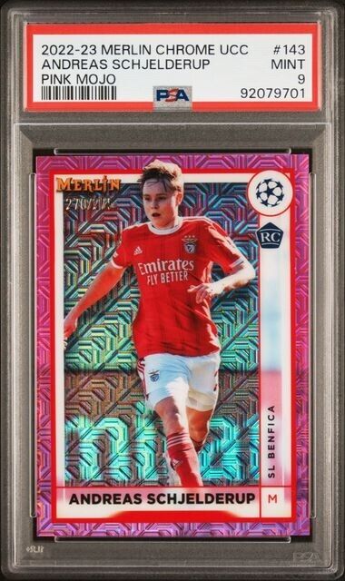 2022-23 TOPPS MERLIN CHROME UEFA ANDREAS SCHJELDERUP 143 PINK MOJO PSA 9 /275