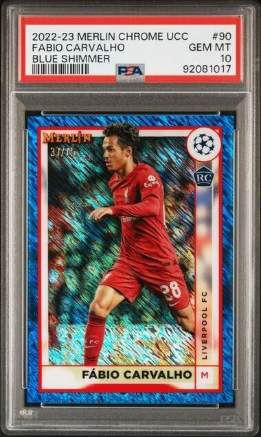 2022-23 TOPPS MERLIN CHROME UEFA FABIO CARVALHO 90 BLUE SHIMMER PSA 10 /75