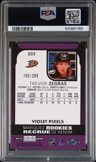 2021 UPPER DECK O-PEE-CHEE PLATINUM Trevor Zegras /299 Violet Pixels Mint 8