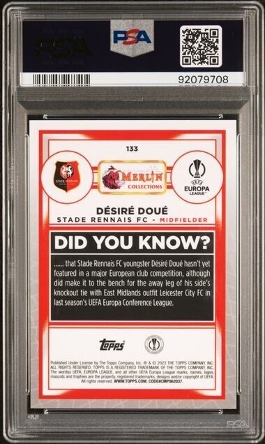 2022-23 TOPPS MERLIN CHROME UEFA DESIRE DOUE 133 SPECKLE REFRACTOR PSA 10 /150