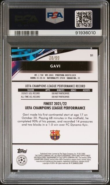 2021-2022 TOPPS FINEST UEFA GAVI 51 BLUE/AQUA VAPORWAVE RF. PSA 9 /99