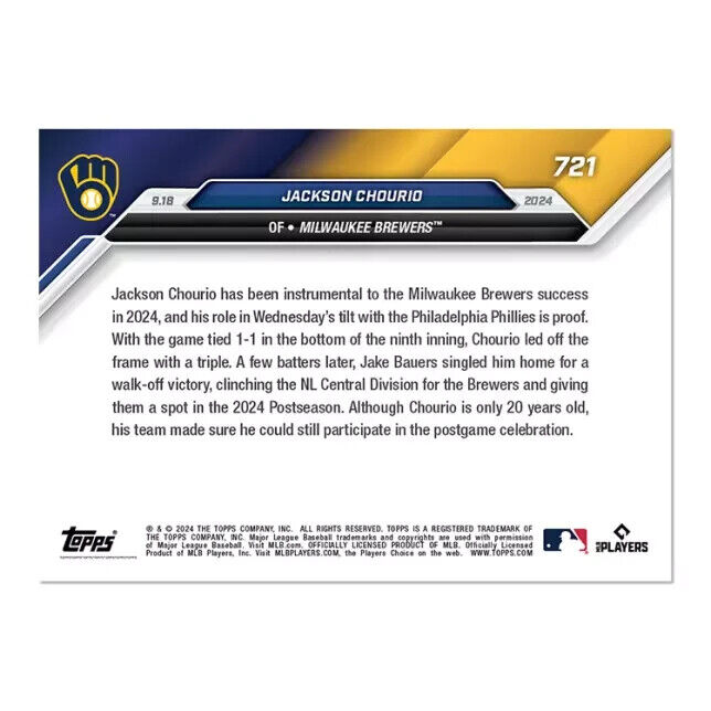 Jackson Chourio - 2024 MLB TOPPS NOW® Card 721