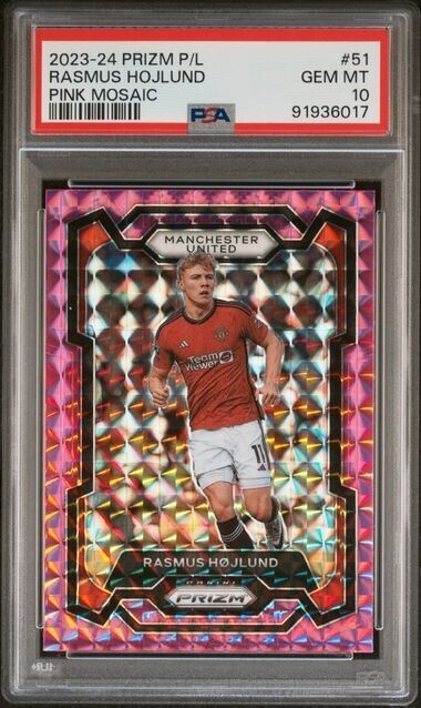 2023-24 PANINI PRIZM PREMIER LEAGUE RASMUS HOJLUND 51 PINK MOSAIC PSA 10