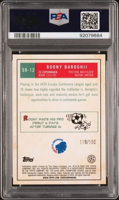 2022-23 TOPPS CHROME UEFA ROONY BARDGHJI 59-12 1959 TOPPS BLUE RFRCTR PSA 9 /150