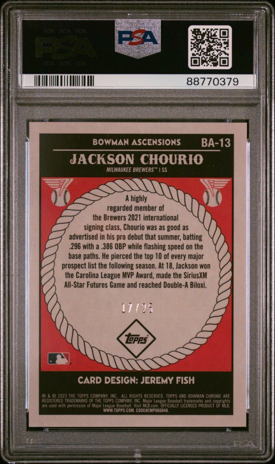 2023 BOWMAN CHROME ASCENSIONS BA13 JACKSON CHOURIO /25 BREWERS GEM MINT 10