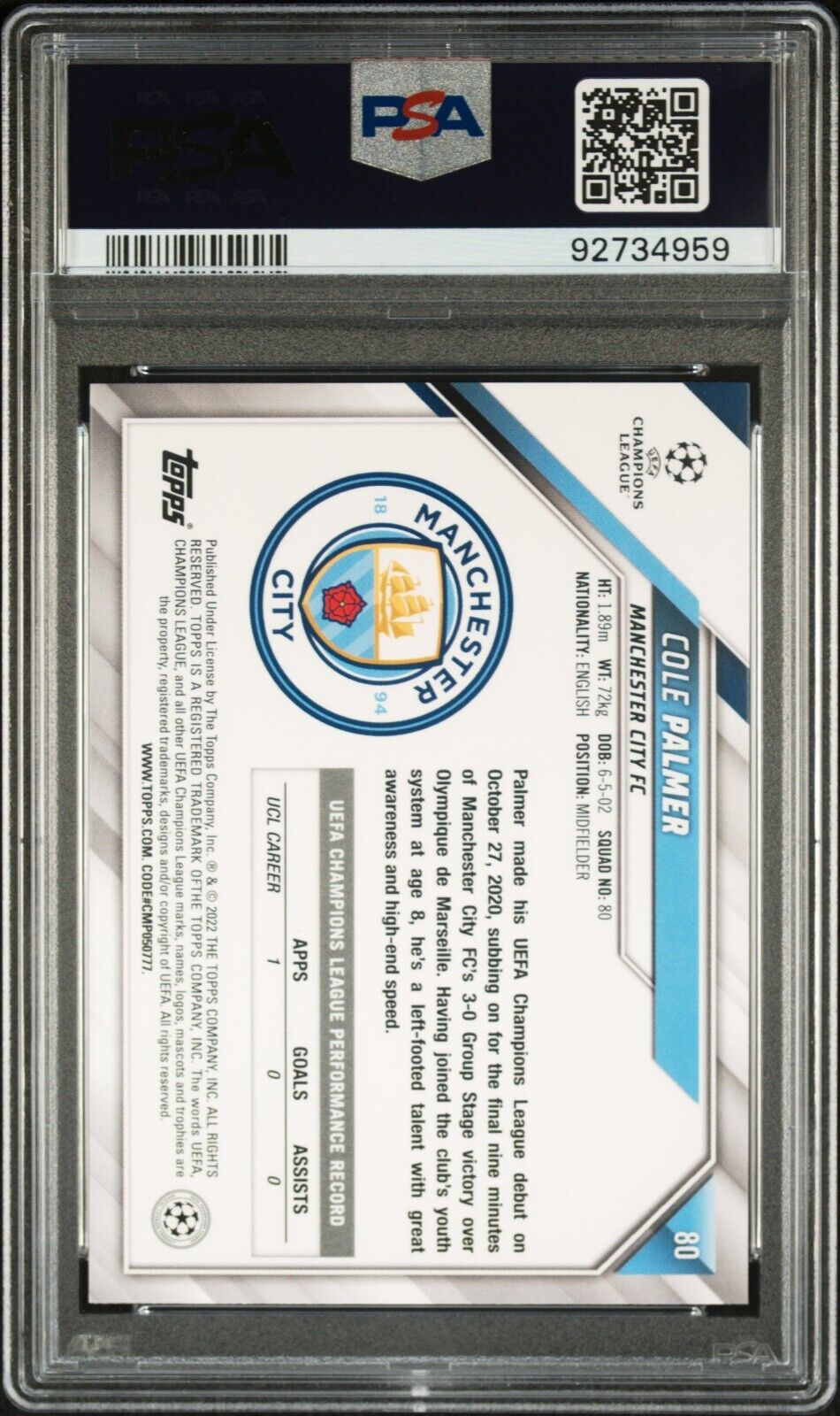 2021-22 TOPPS UEFA CHAMPIONS LEAGUE COLE PALMER 80 SPARKLE FOIL PSA 9