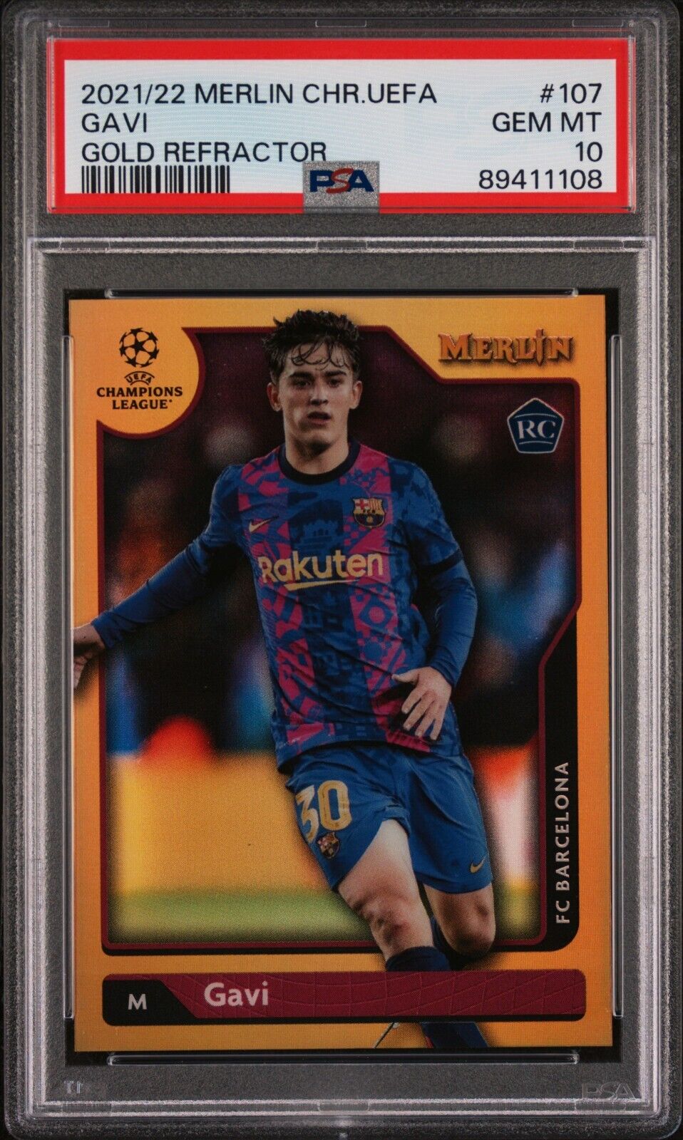 2021-2022 TOPPS MERLIN CHROME UEFA LEAGUE GAVI 107 GOLD REFRACTOR PSA 10 /50