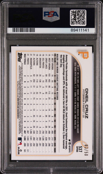 2022 TOPPS CHROME SAPPHIRE EDITION 537 ONEIL CRUZ RC ROOKIE SSP/50 GOLD PSA 10