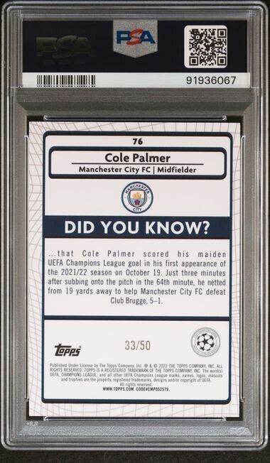 2021-2022 TOPPS MERLIN CHROME UEFA COLE PALMER 76 GOLD ATOMIC REFRCTOR PSA 9 /50