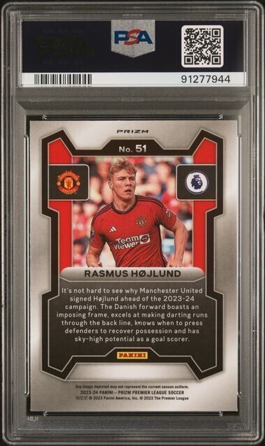 2023-24 PANINI PRIZM PREMIER LEAGUE RASMUS HOJLUND 51 ORANGE MOSAIC PSA 9