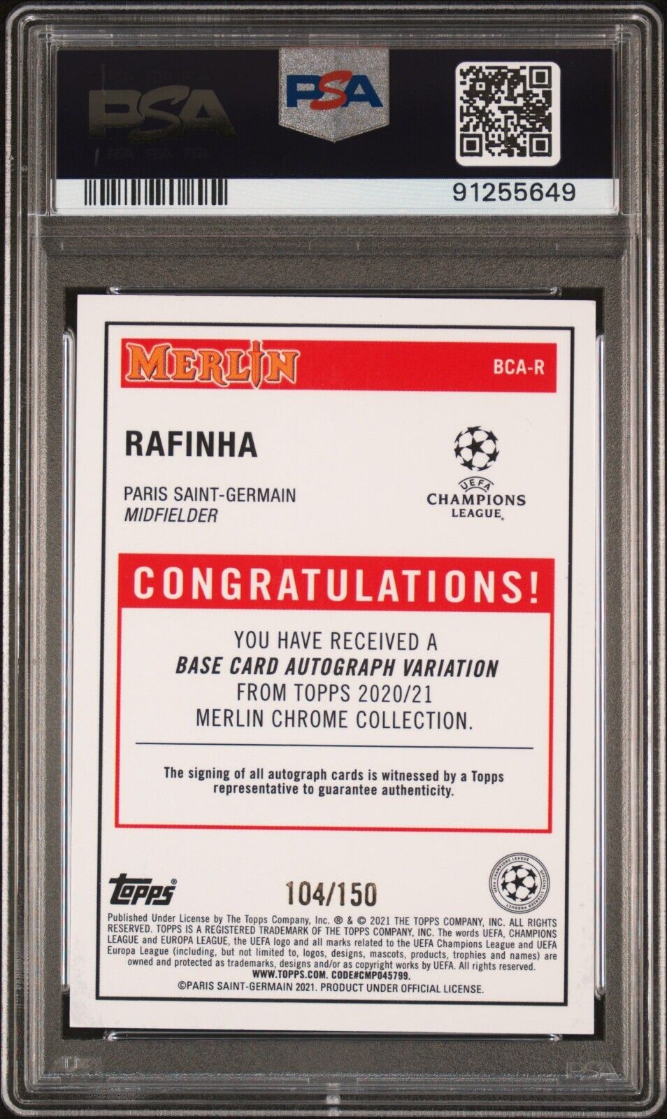 2020 TOPPS MERLIN CHROME UEFA AUTOGRAPHS RAFINHA R SPECKLE REFRACTOR PSA 8 /150