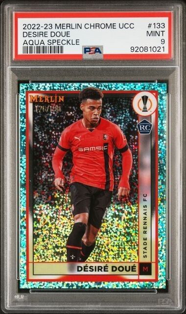 2022-23 TOPPS MERLIN CHROME UEFA DESIRE DOUE 133 AQUA SPECKLE REFRCTR PSA 9 /199