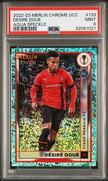 2022-23 TOPPS MERLIN CHROME UEFA DESIRE DOUE 133 AQUA SPECKLE REFRCTR PSA 9 /199