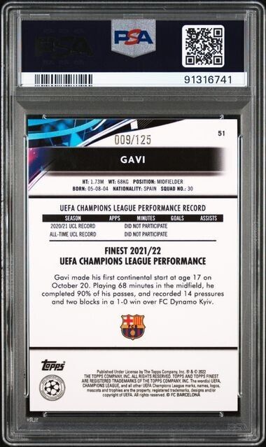 2021-2022 TOPPS FINEST UEFA GAVI 51 PINK PRISM REFRACTOR PSA 9 /125