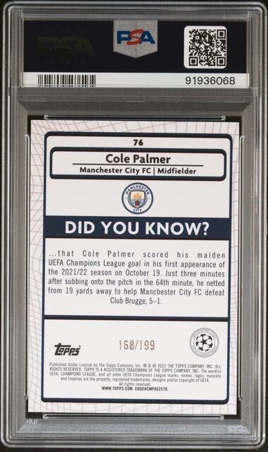 2021-2022 TOPPS MERLIN CHROME UEFA COLE PALMER 76 AQUA SPECKLE RFRCTR PSA 9 /199