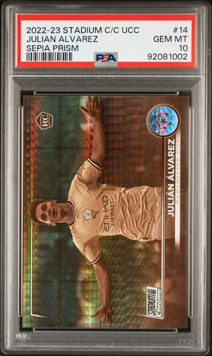 2022-23 TOPPS STADIUM CHROME UEFA JULIAN ALVAREZ 14 PRISM REFRACTOR PSA 10 /75