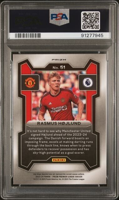 2023-24 PANINI PRIZM PREMIER LEAGUE RASMUS HOJLUND 51 RED MOSAIC PSA 10