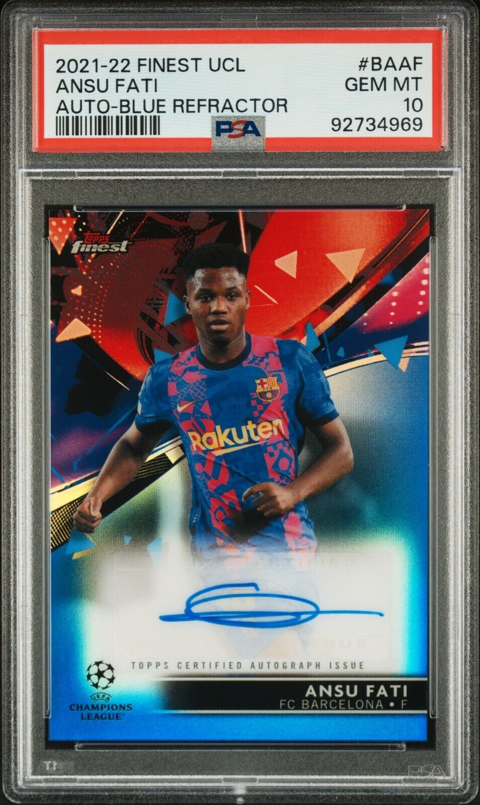 2021-2022 TOPPS FINEST UEFA AUTOGRAPHS ANSU FATI BAAF AUTO-BLUE PSA 10 /150