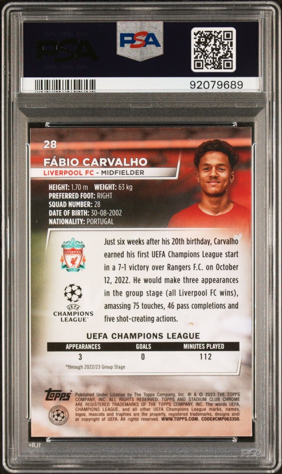 2022-23 TOPPS STADIUM CLUB CHROME UEFA FABIO CARVALHO 28 BLUE PRISM PSA 10