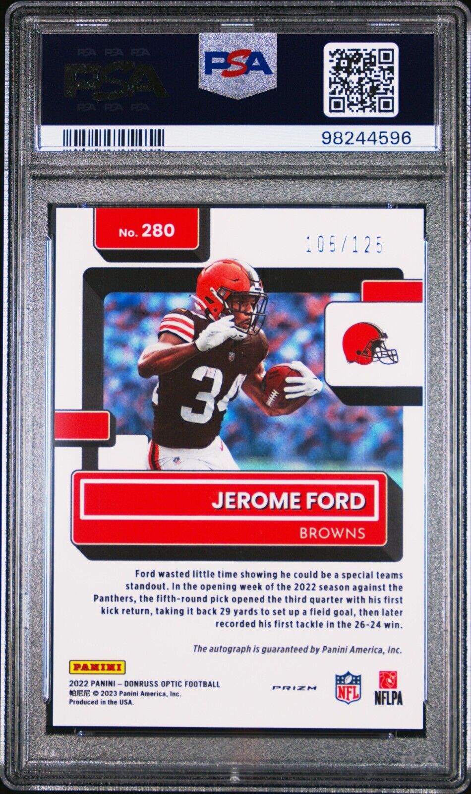 2022 PANINI DONRUSS OPTIC 280 JEROME FORD AUTOGRAPH-HOLO GEM MINT 10 /125