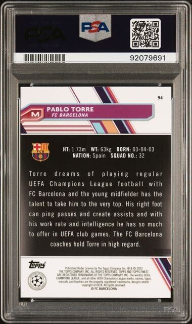 2022-23 TOPPS FINEST UEFA PABLO TORRE 94 GREEN SPECKLE REFRACTOR PSA 8 /125