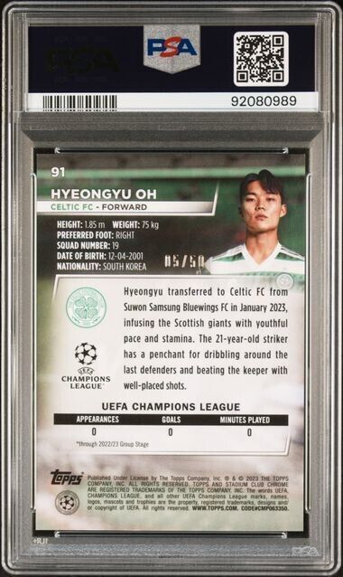 2022-23 TOPPS STADIUM CLUB CHROME UEFA HYEONGYU OH 91 PRISM REFRACTOR PSA 9 /50