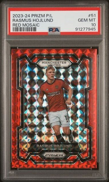 2023-24 PANINI PRIZM PREMIER LEAGUE RASMUS HOJLUND 51 RED MOSAIC PSA 10