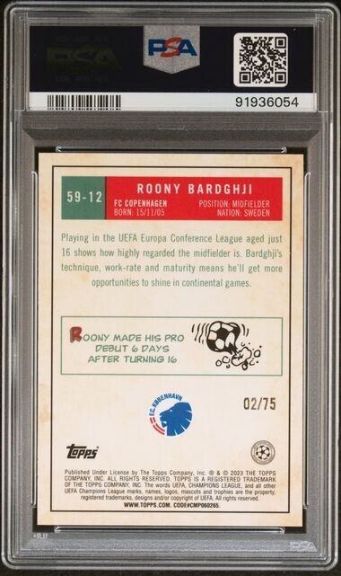 2022-23 TOPPS CHROME UEFA ROONY BARDGHJI 59-12 1959 TOPPS-BLUE WAVE PSA 10 /75