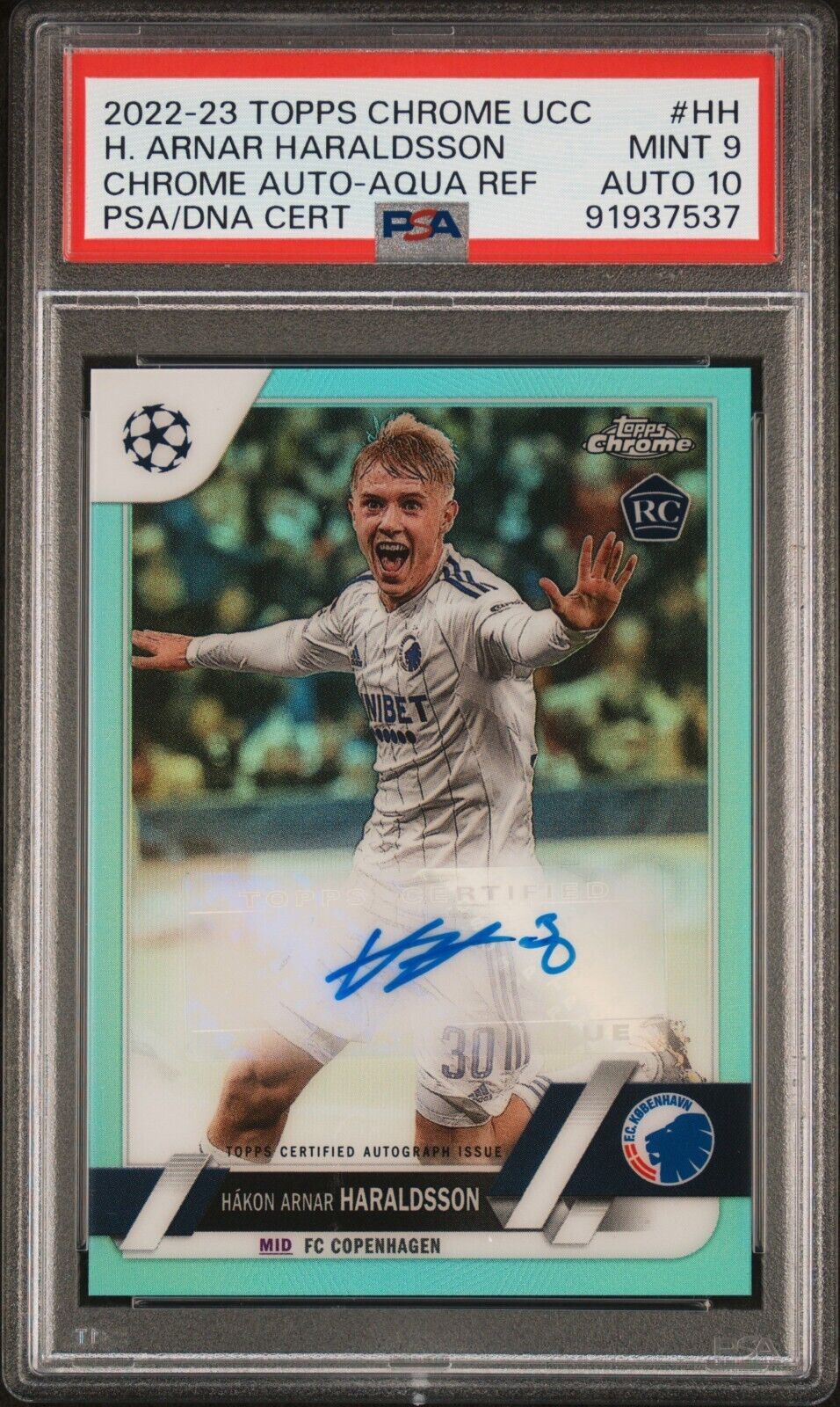 2022-23 TOPPS CHROME UEFA AUTOGRAPHS H. ARNAR HARALDSSON AQUA REF PSA 9 /199